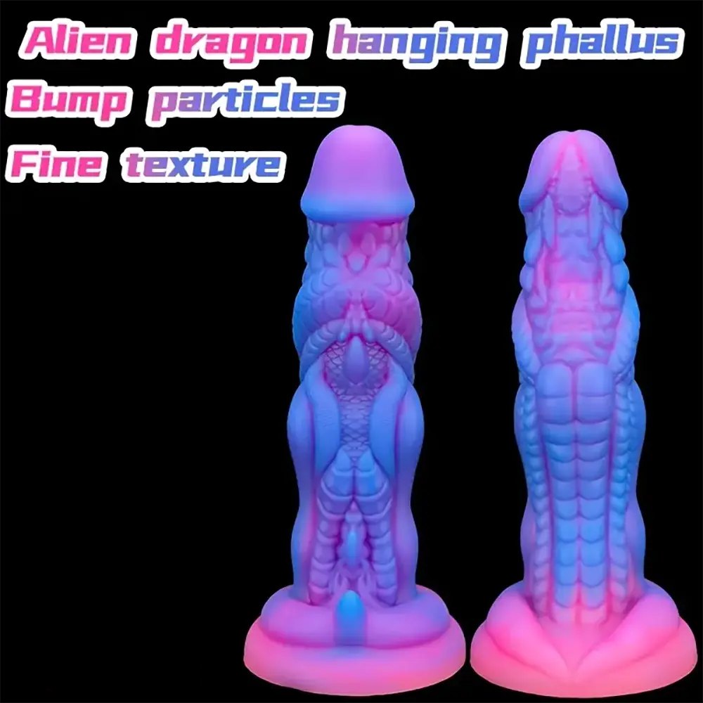 Blue to pink ombre silicone fantasy dildo with ridged texture, photo 5
