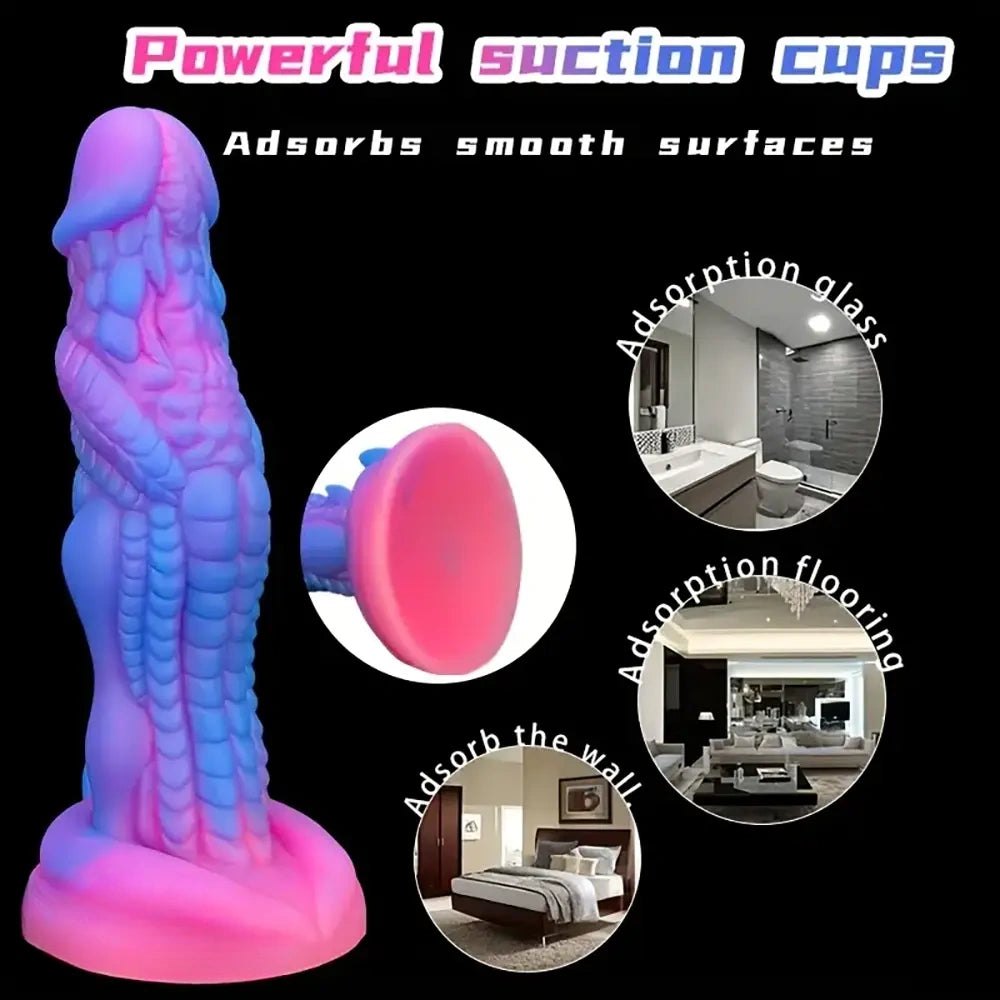 Blue to pink ombre silicone fantasy dildo with ridged texture, photo 6