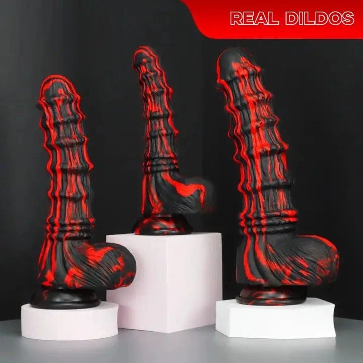 Red and black ridged horse style dildo, photo 1