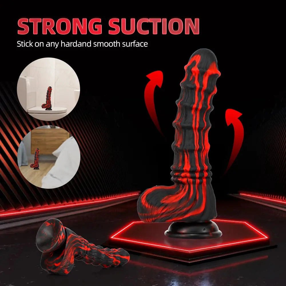 Red and black ridged horse style dildo, photo 3