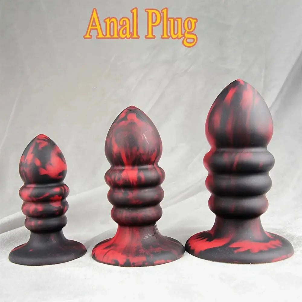 Red and black ridged silicone anal plug set, photo 1