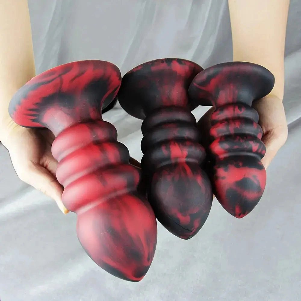 Red and black ridged silicone anal plug set, photo 10