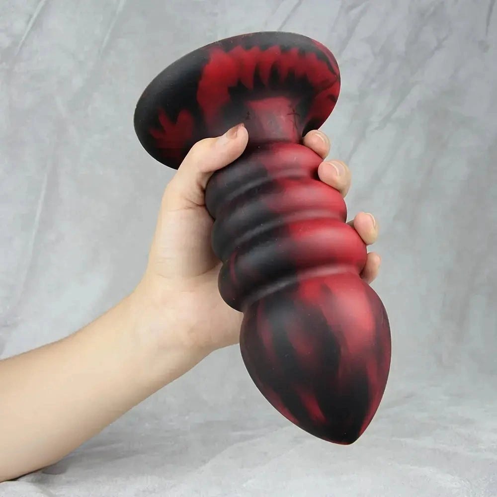 Red and black ridged silicone anal plug set, photo 11