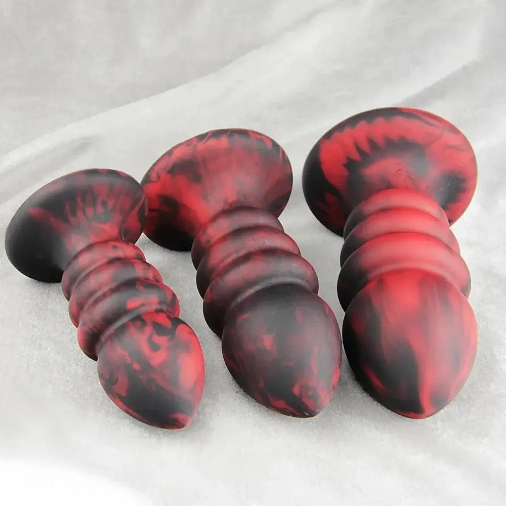 Red and black ridged silicone anal plug set, photo 2