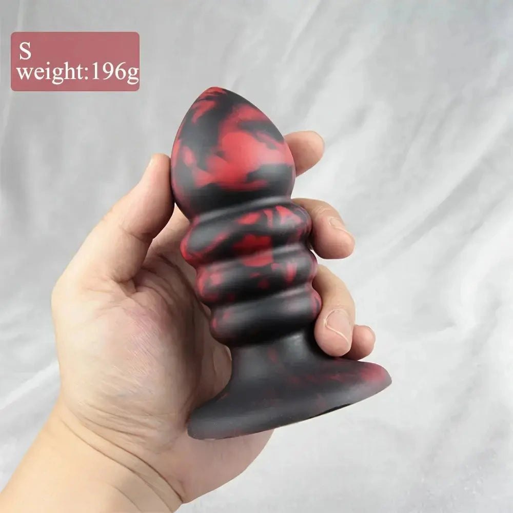 Red and black ridged silicone anal plug set, photo 3