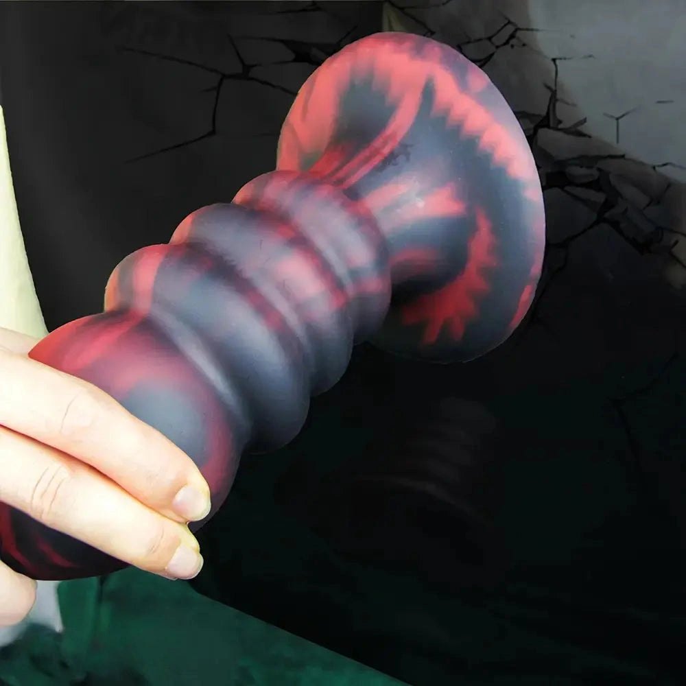 Red and black ridged silicone anal plug set, photo 5