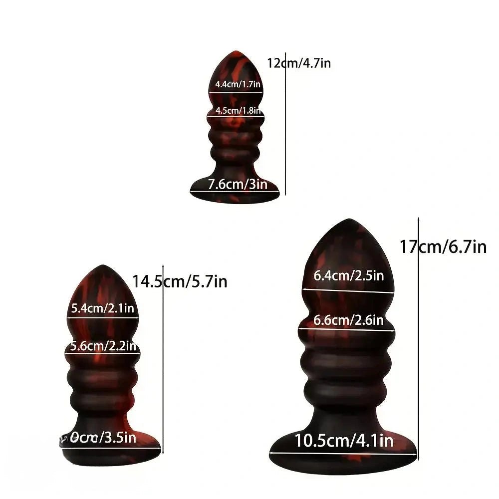 Red and black ridged silicone anal plug set, photo 6