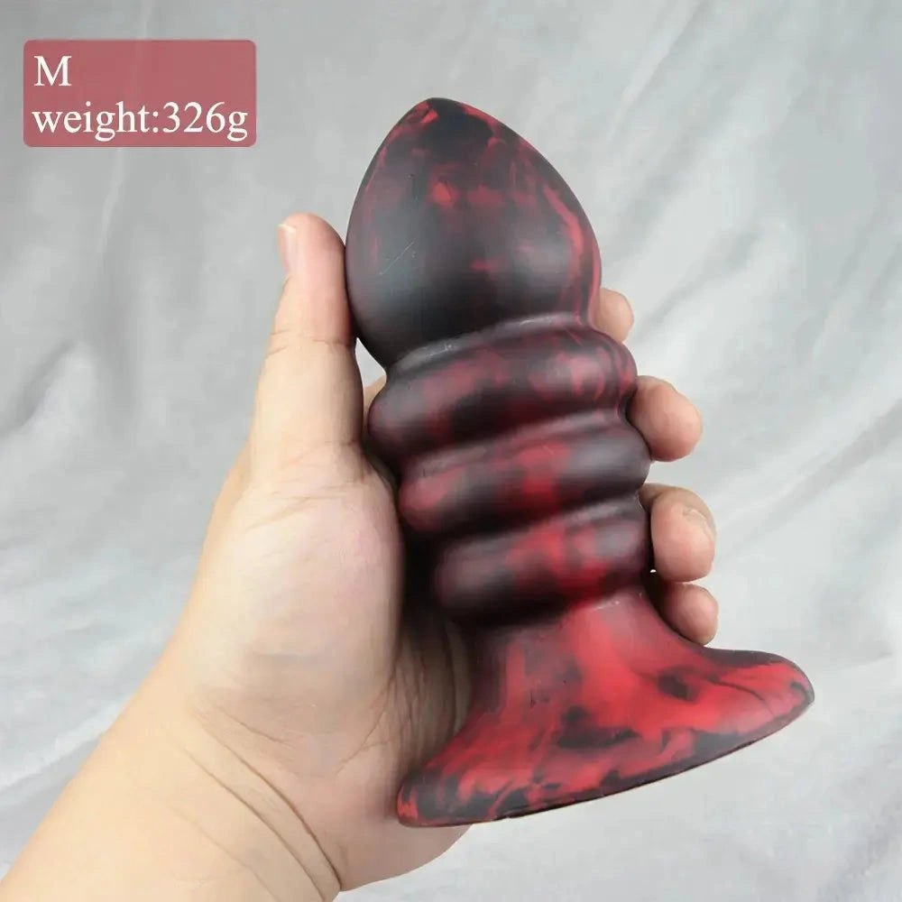 Red and black ridged silicone anal plug set, photo 7