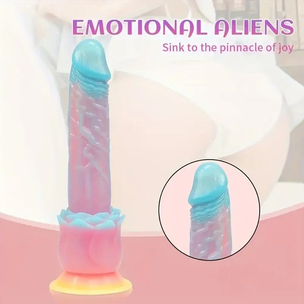 Colorful fantasy alien dildo with rose flower suction base, photo 1