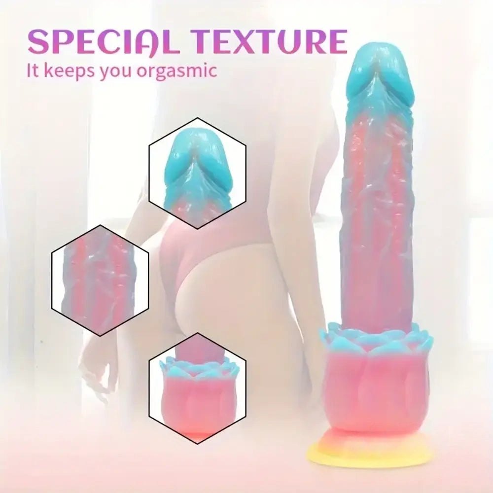 Colorful fantasy alien dildo with rose flower suction base, photo 4