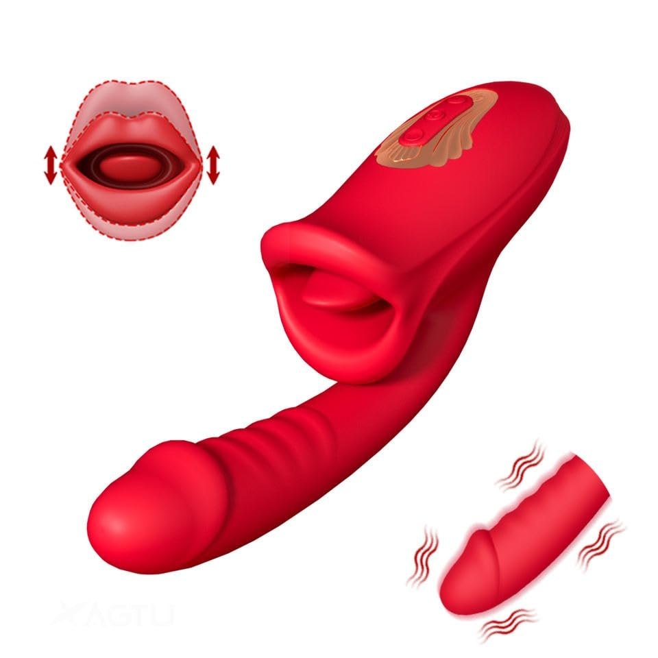 Red silicone rabbit vibrator with licking tongue head, photo 1