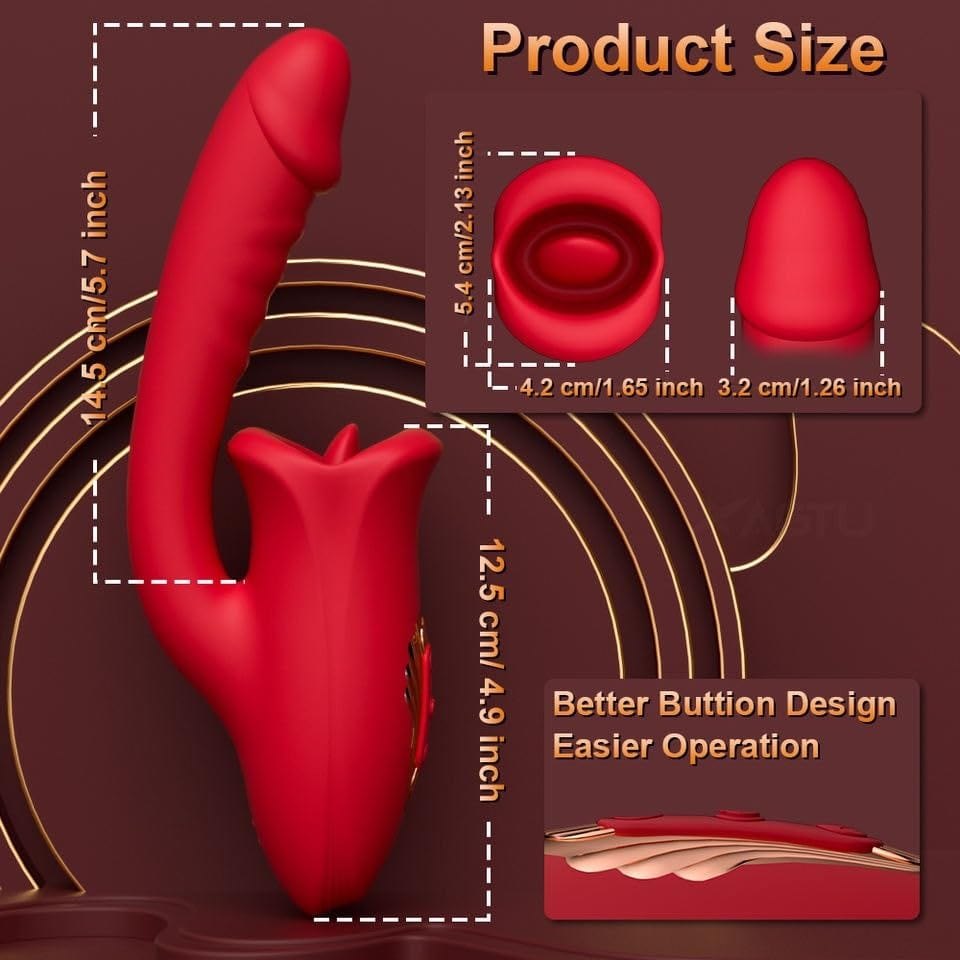 Red silicone rabbit vibrator with licking tongue head, photo 2