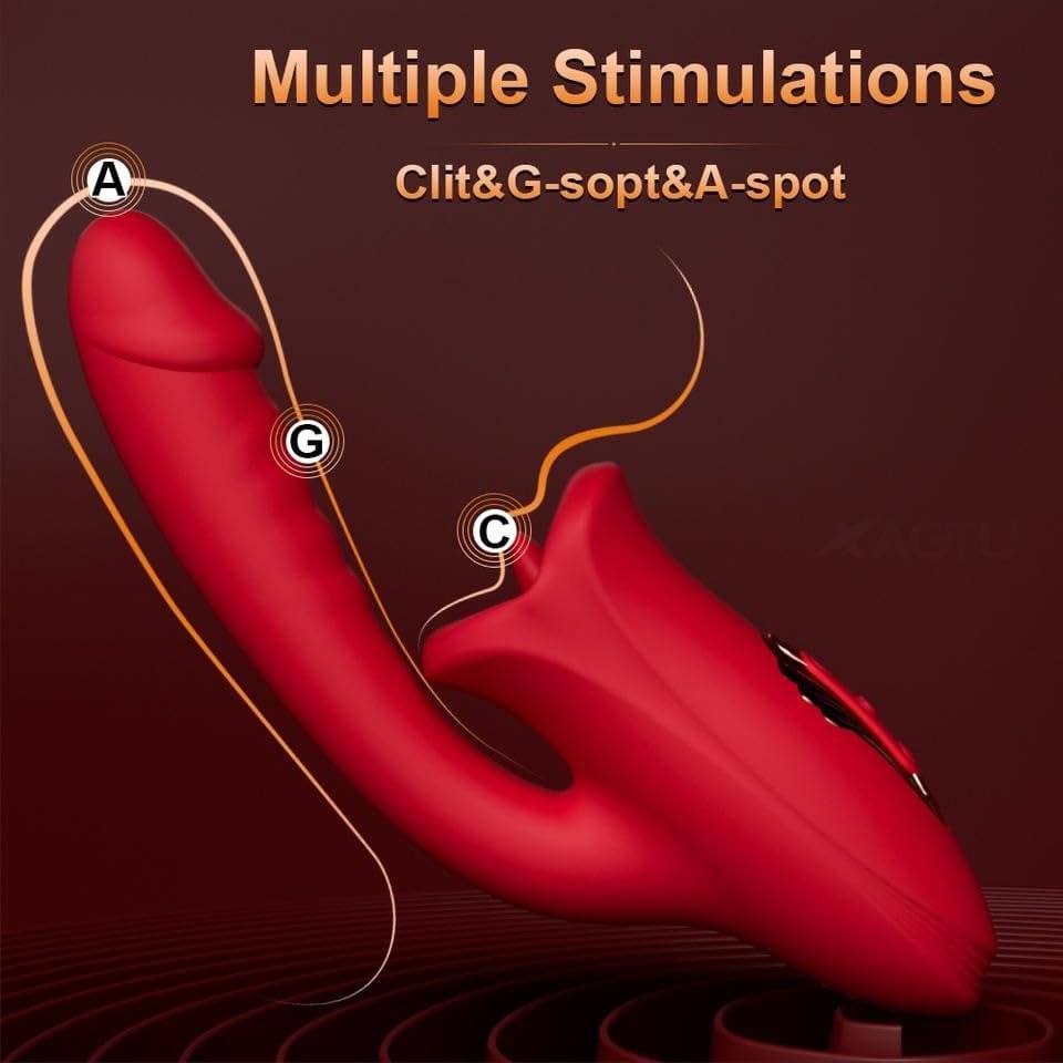 Red silicone rabbit vibrator with licking tongue head, photo 4