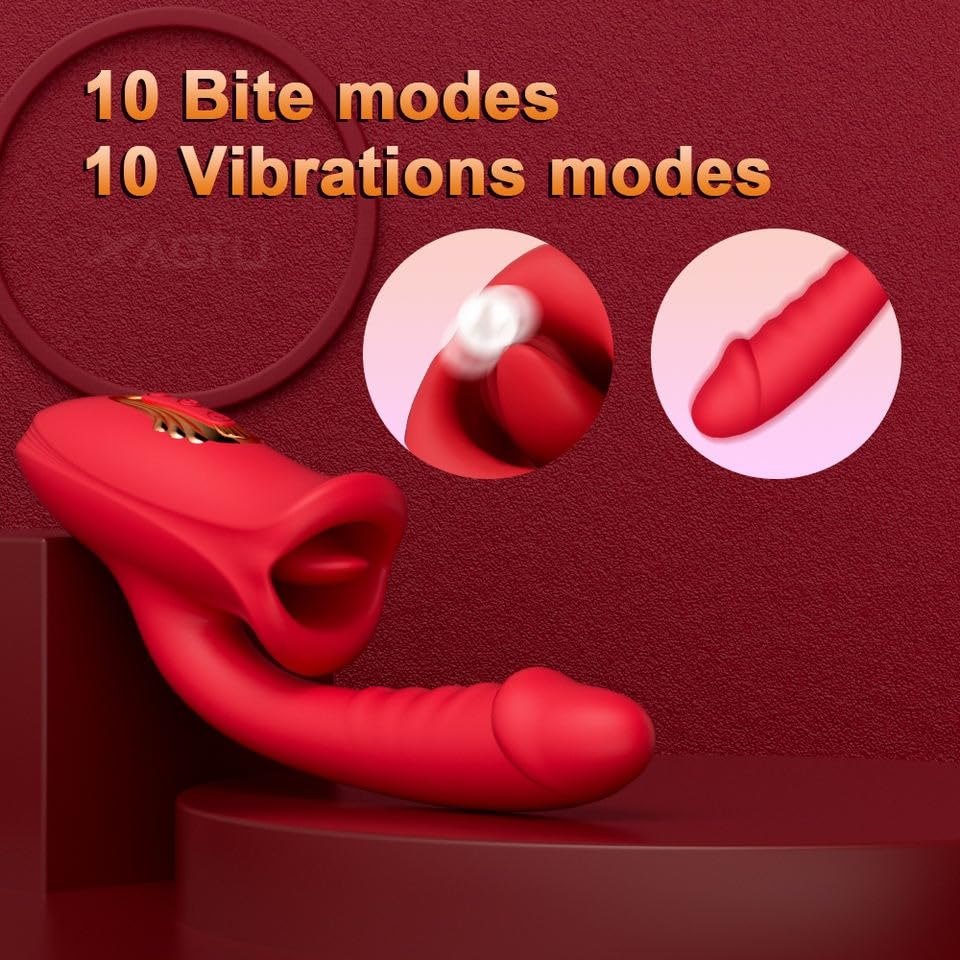 Red silicone rabbit vibrator with licking tongue head, photo 5