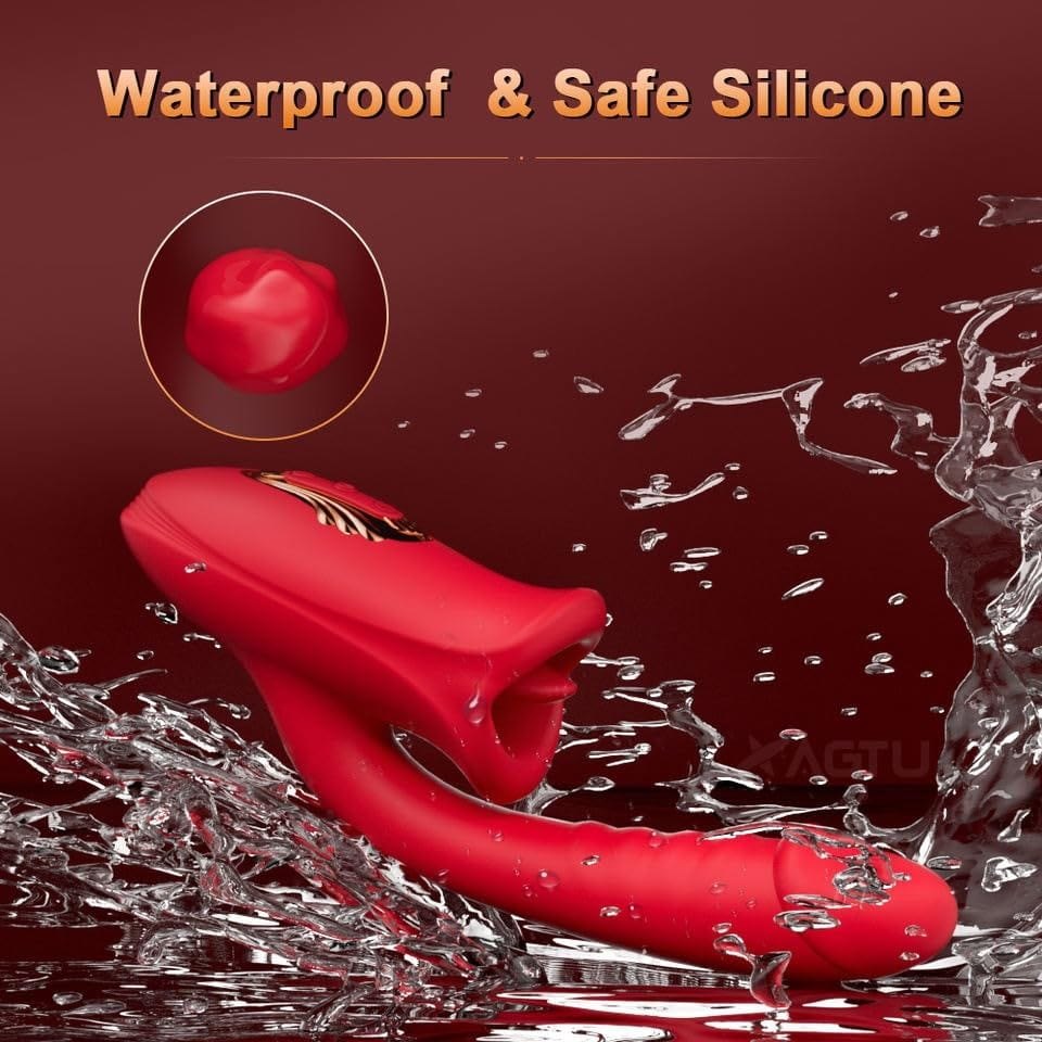 Red silicone rabbit vibrator with licking tongue head, photo 6
