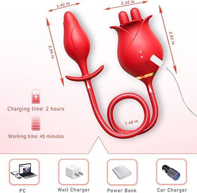 Red rose clitoral vibrator with anal plug, photo 2