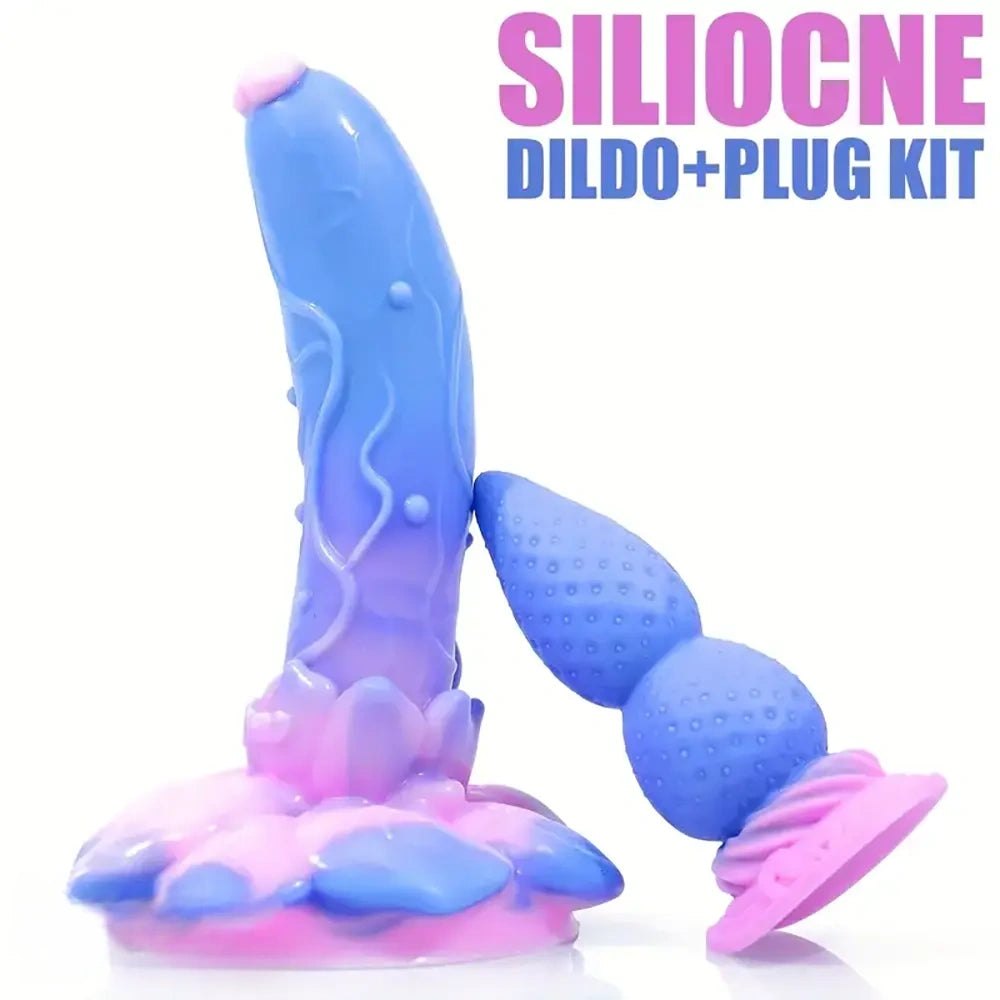 Purple rose flower silicone dildo and anal plug set, photo 1