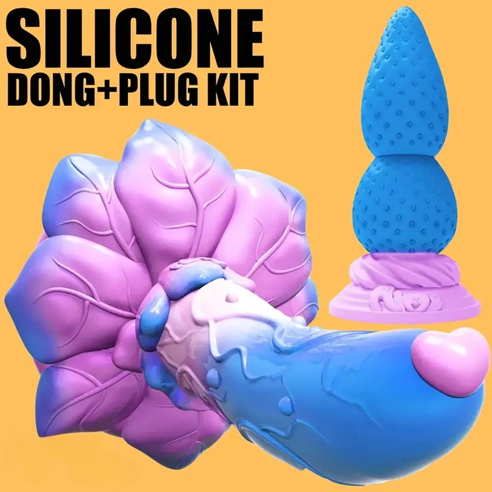 Purple rose flower silicone dildo and anal plug set, photo 3