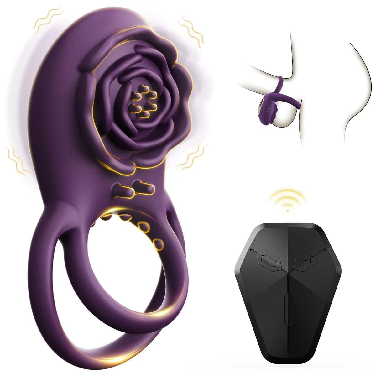 Purple rose shaped dual ring vibrating cock ring