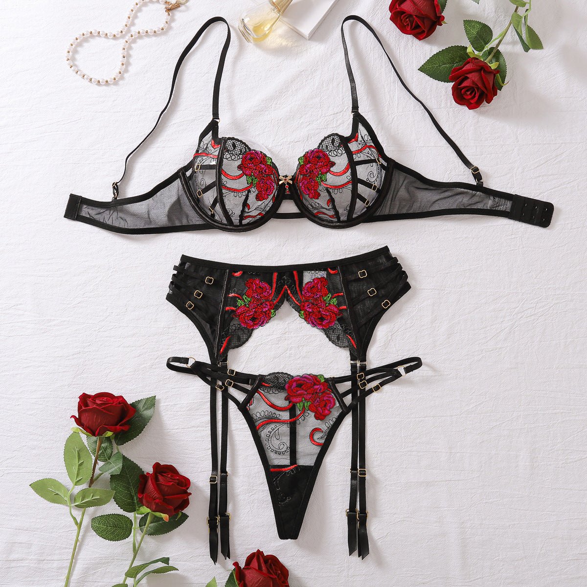 Rose embroidered high waist underwire set, photo 6