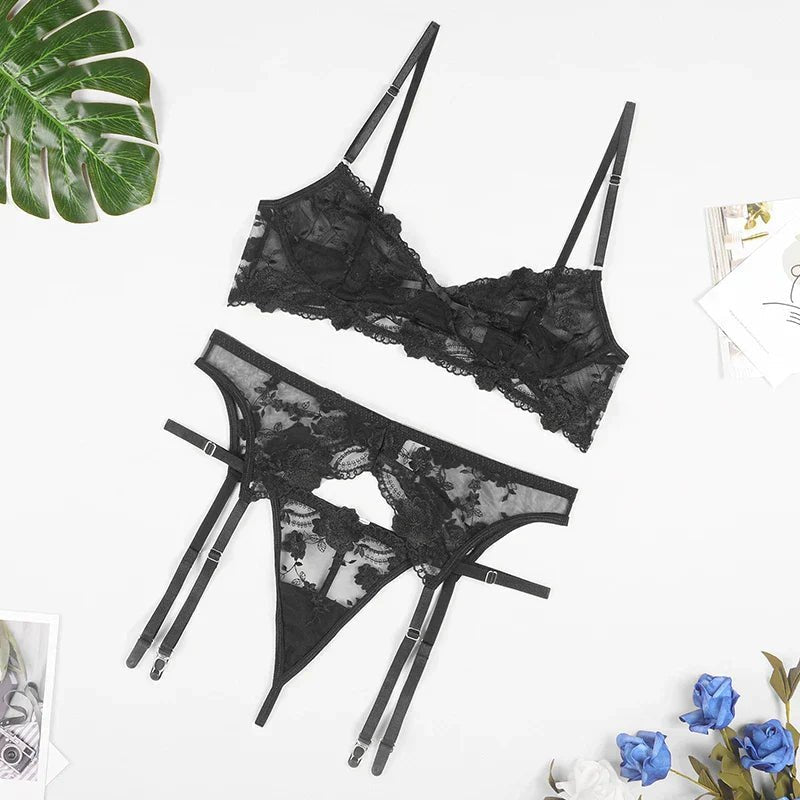 Rose embroidered longline bra thong set, photo 5