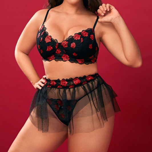 Rose embroidered plus size lace bra set, photo 1