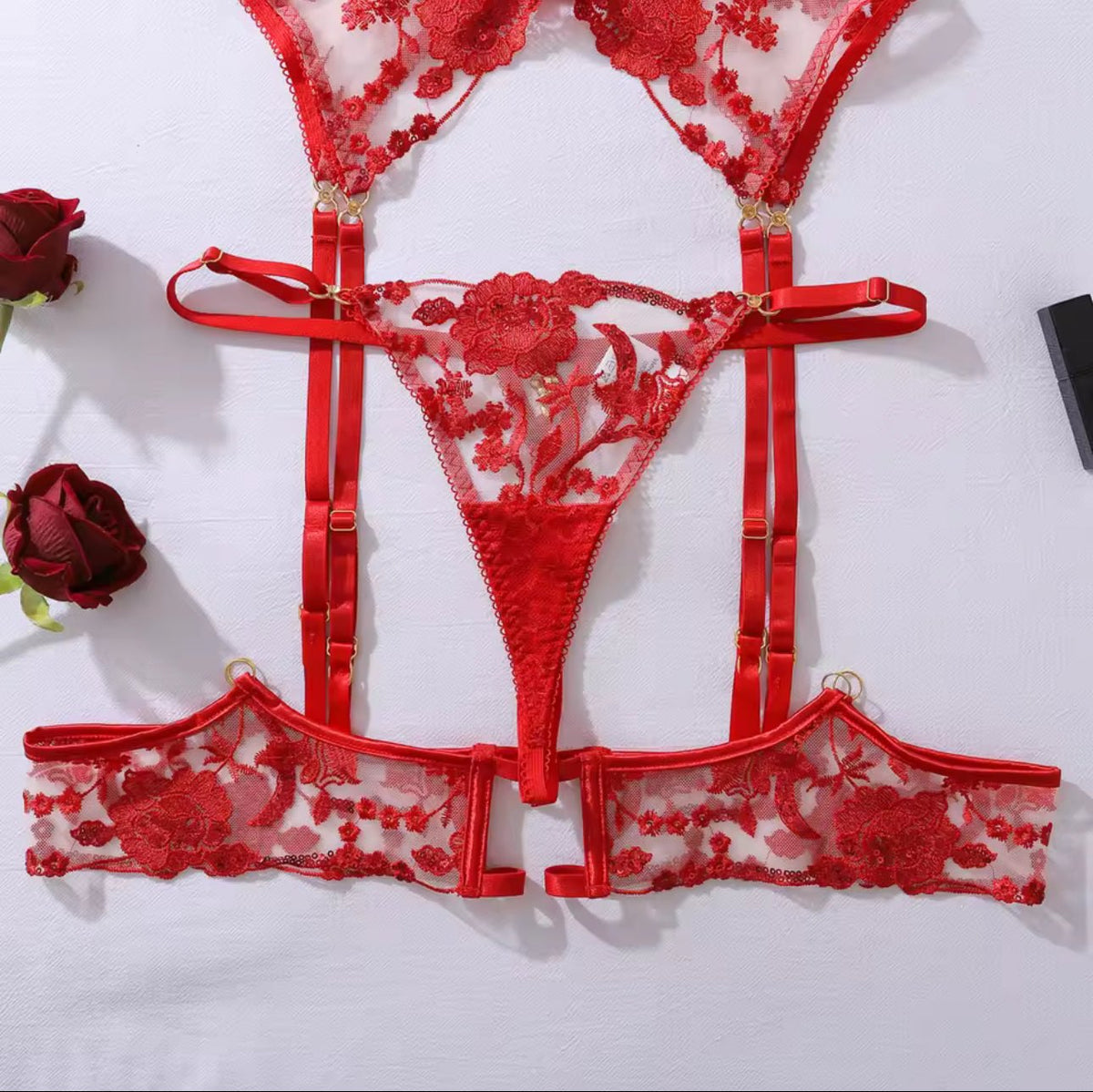 Rose embroidered sequin garter set, photo 6