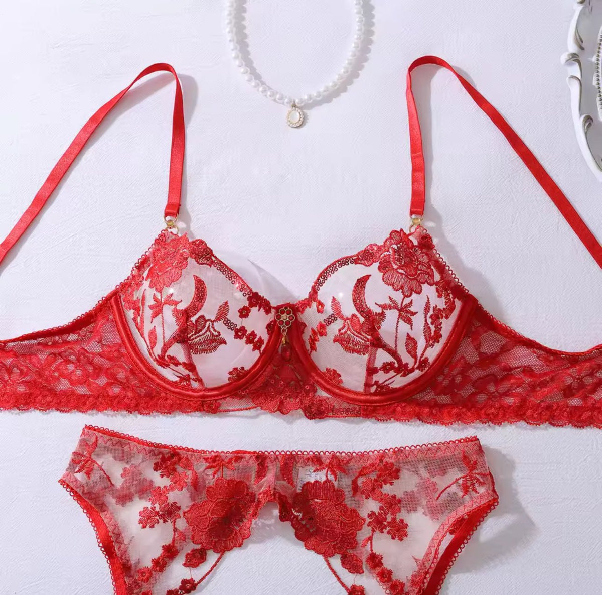 Rose embroidered sequin garter set, photo 7
