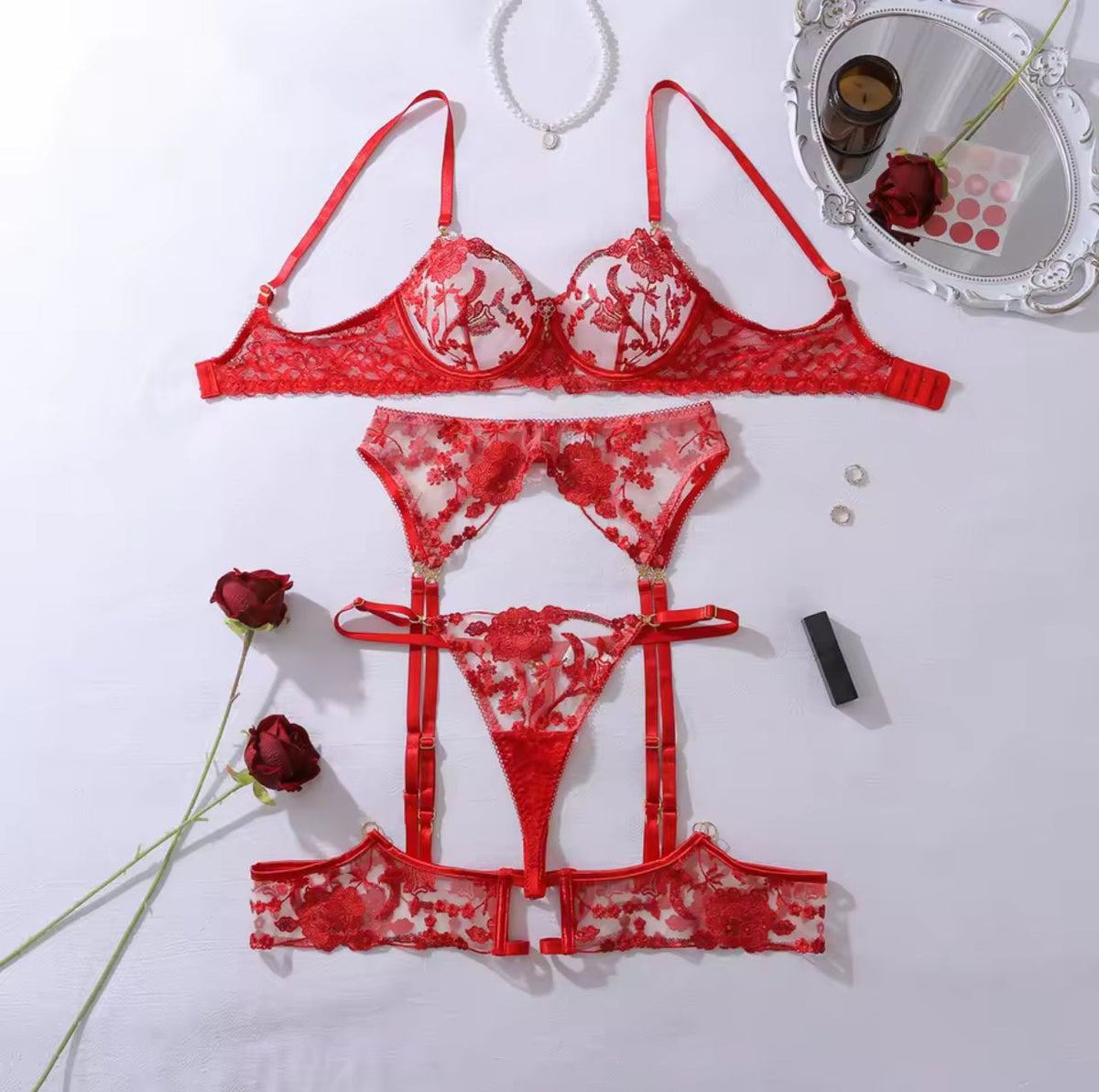 Rose embroidered sequin garter set, photo 8