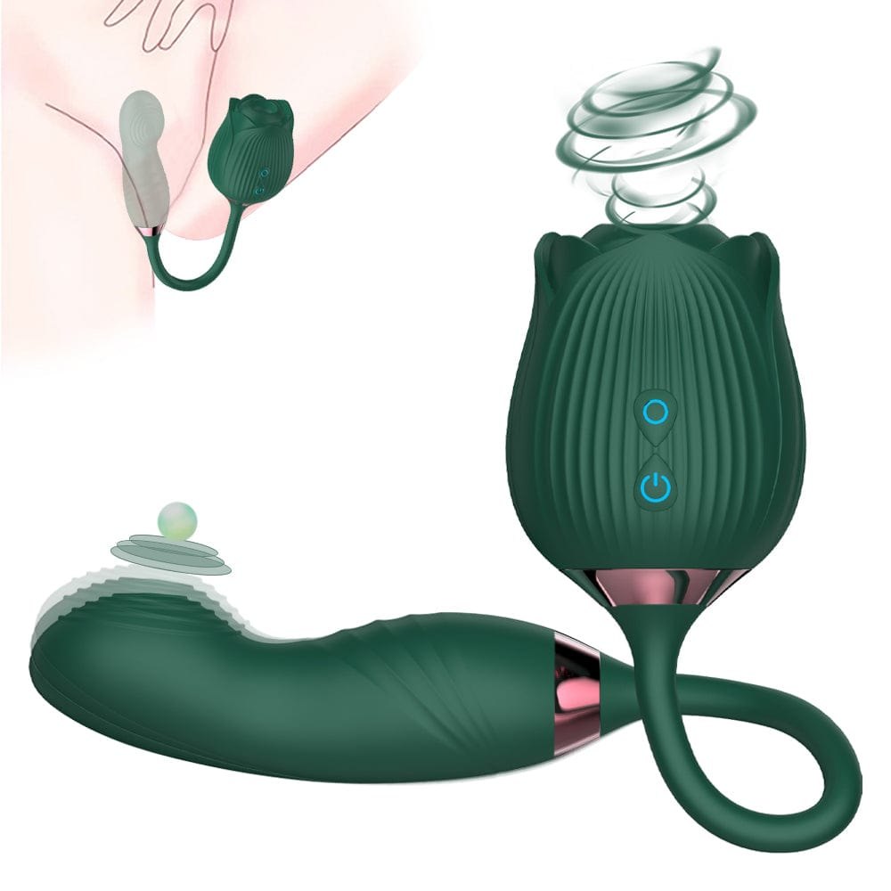 Dark Green rose shaped clitoral suction vibrator with G-spot arm