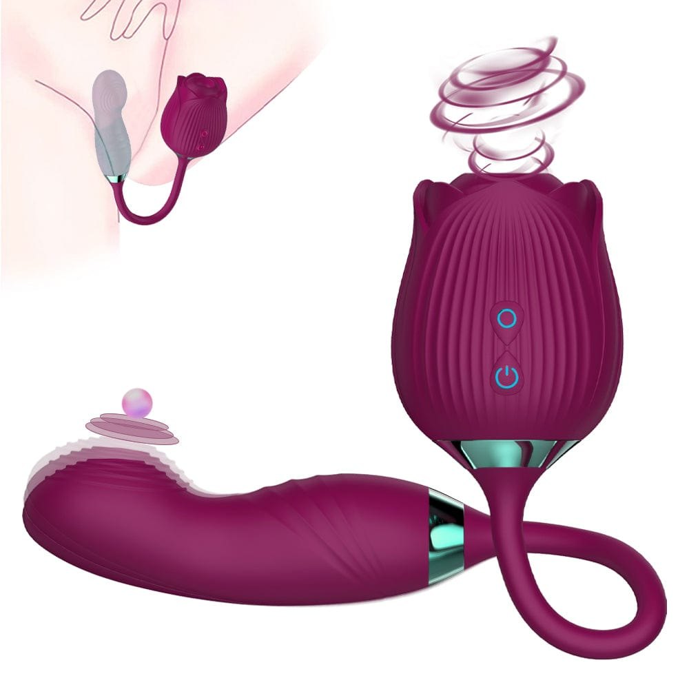 Fuchsia rose shaped clitoral suction vibrator with G-spot arm