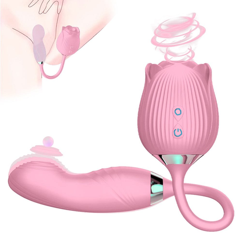 Pink rose shaped clitoral suction vibrator with G-spot arm