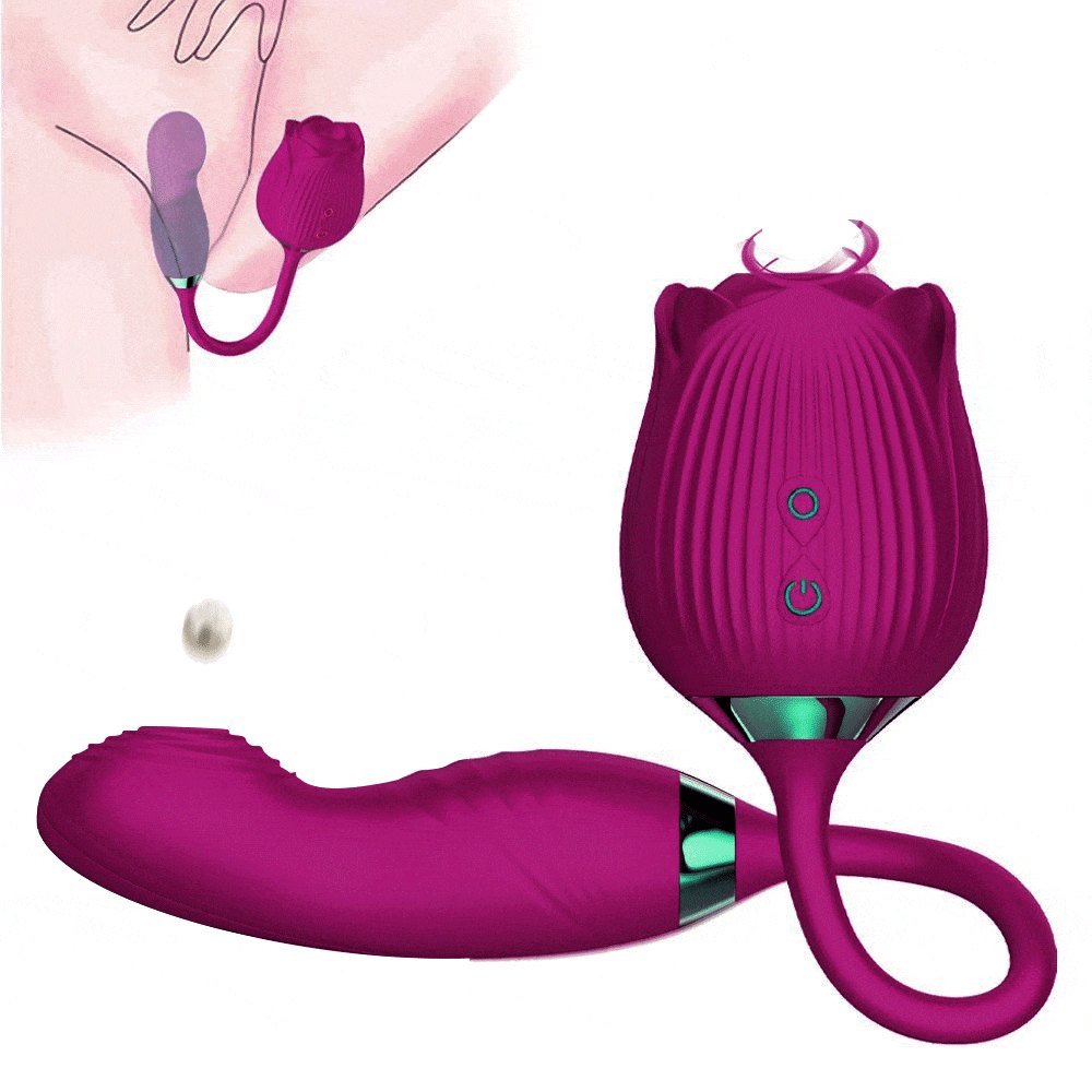 Rose shaped clitoral suction vibrator with G-spot arm, photo 1