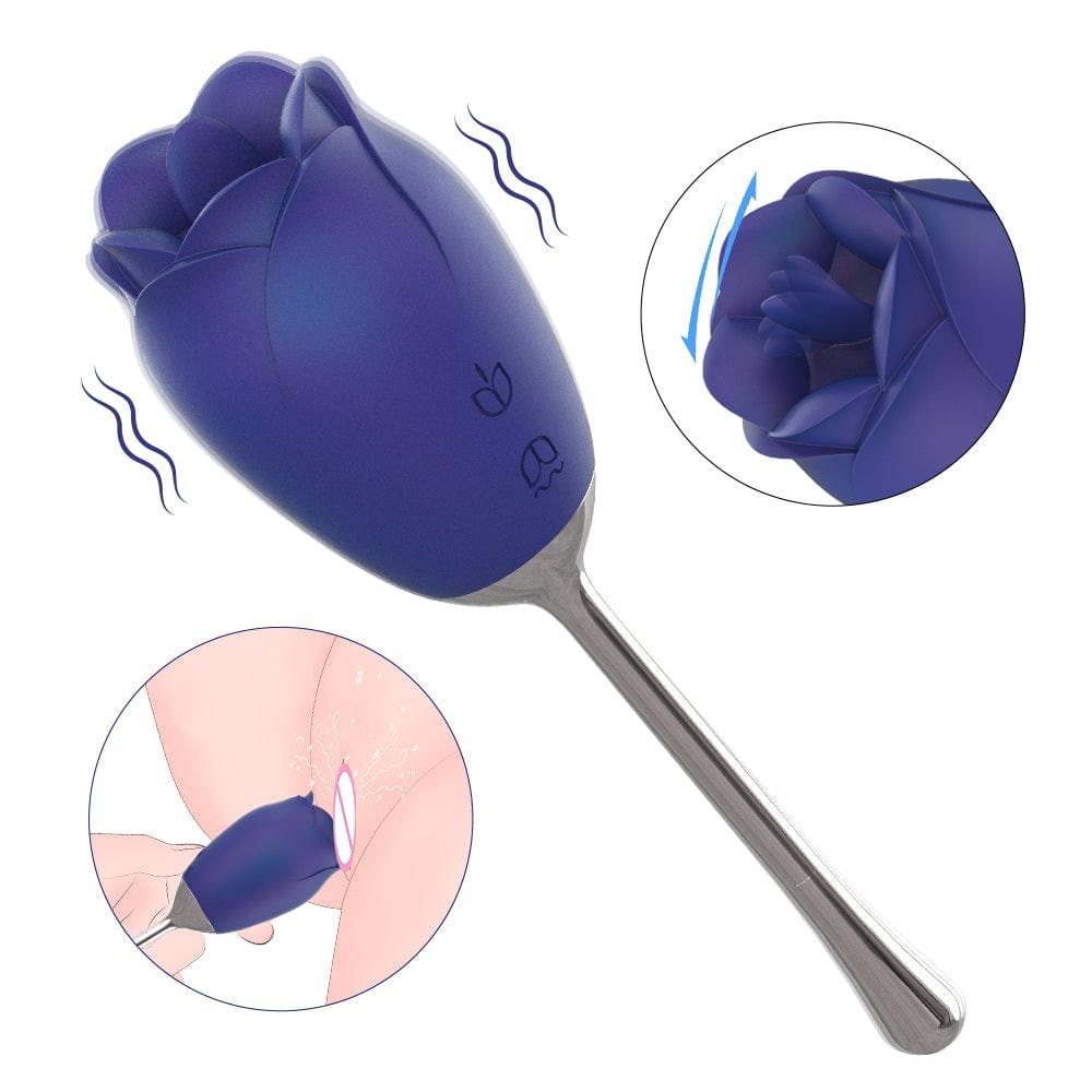Blue silicone rose vibrator on a wand handle