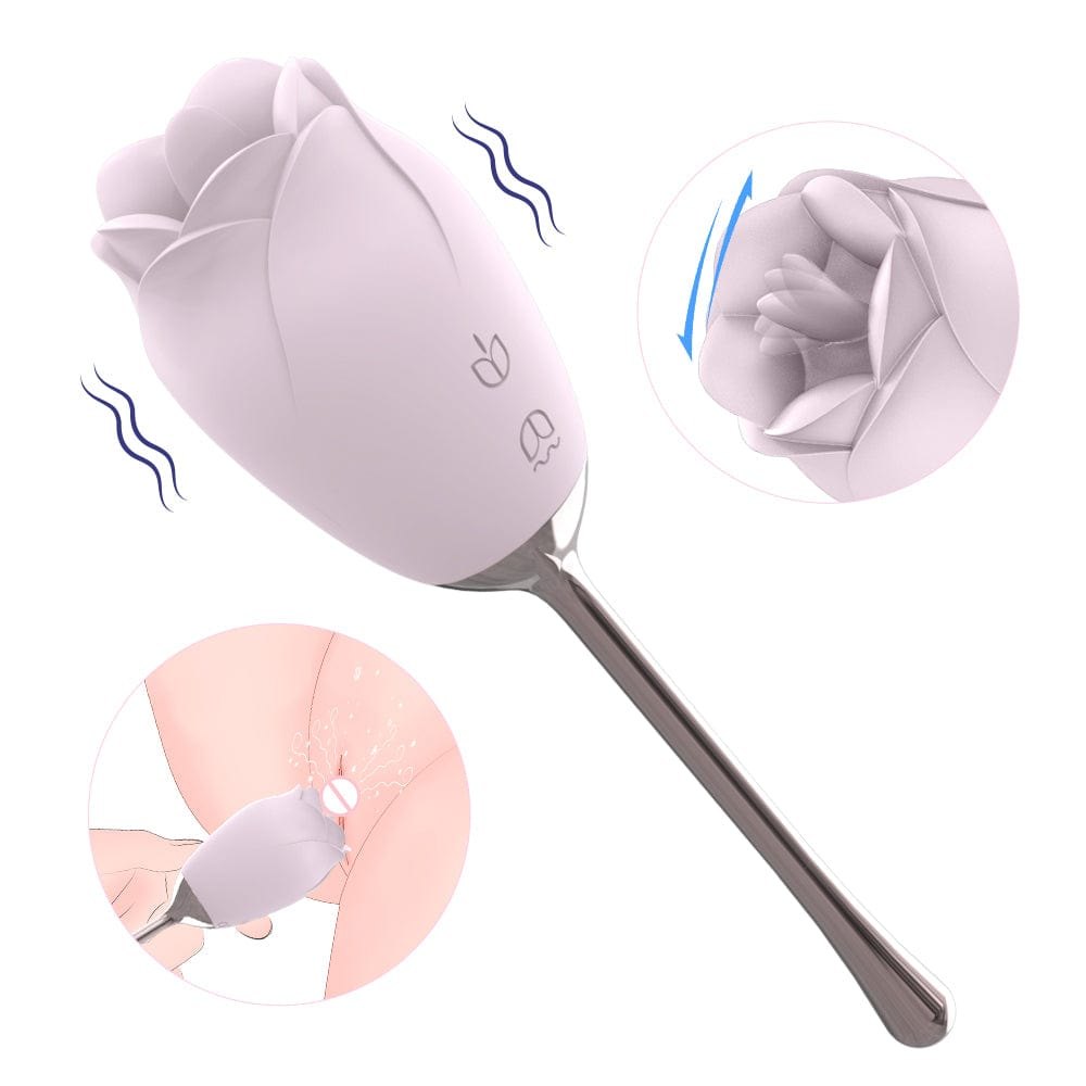 Pink silicone rose vibrator on a wand handle