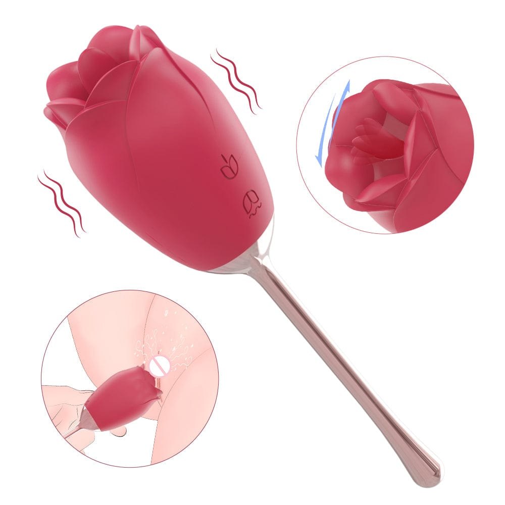 Red silicone rose vibrator on a wand handle
