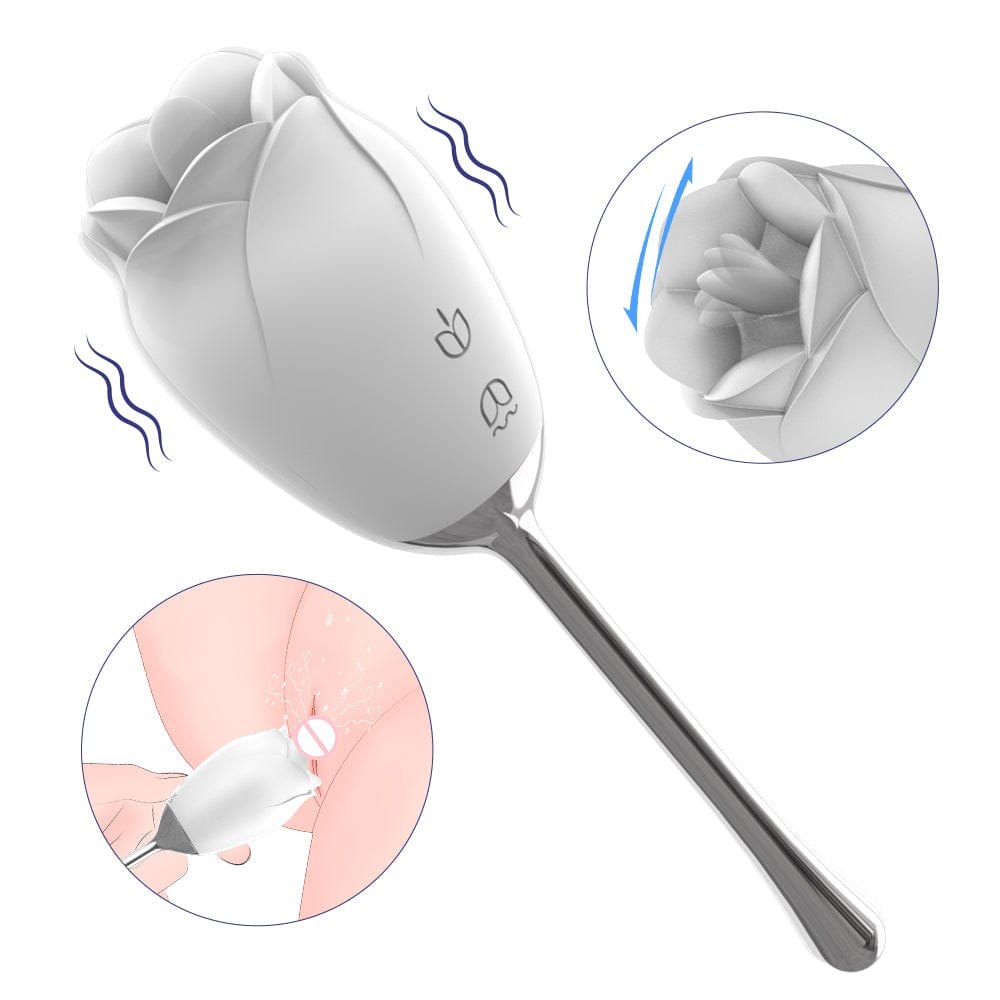 White silicone rose vibrator on a wand handle