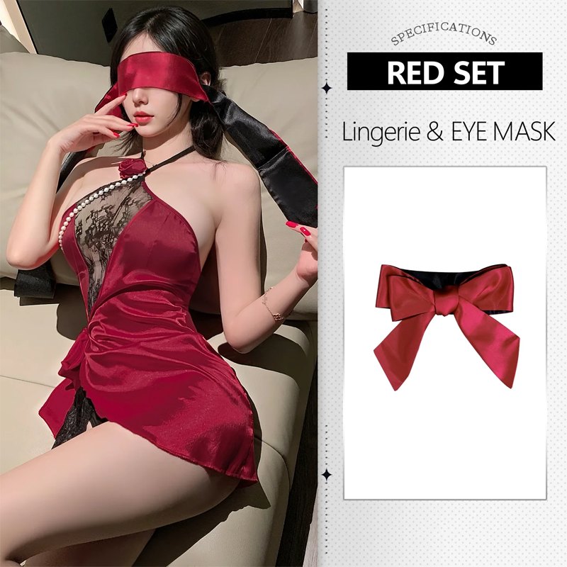 Red & Eye Mask Set rose lace suspender cheongsam babydoll