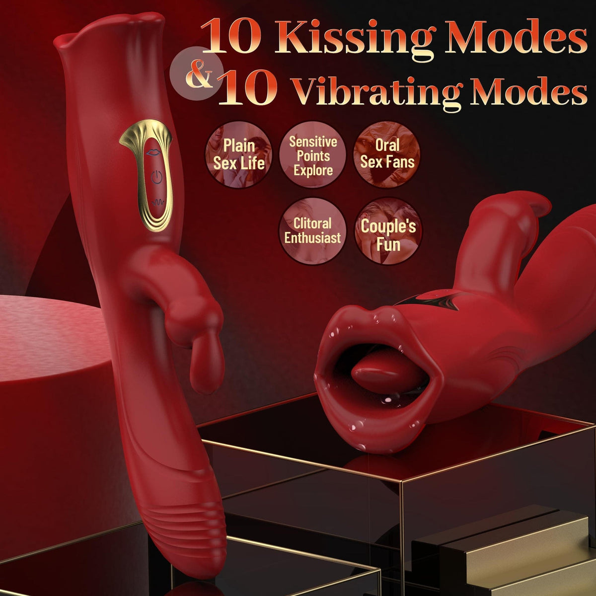 Red silicone rabbit vibrator with mouth simulation head, photo 2