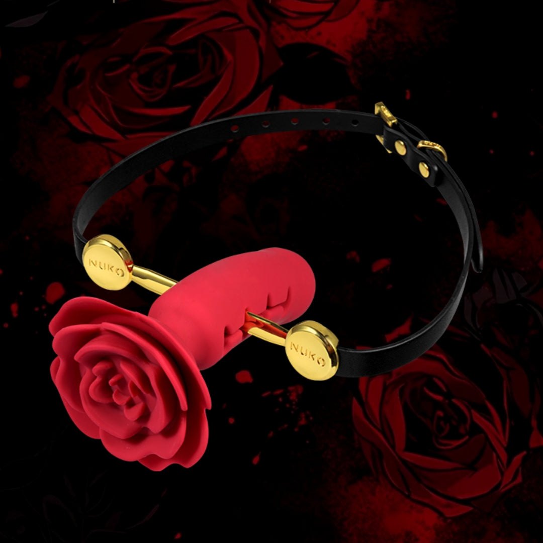 Red rose silicone mouth gag with leather strap, photo 1