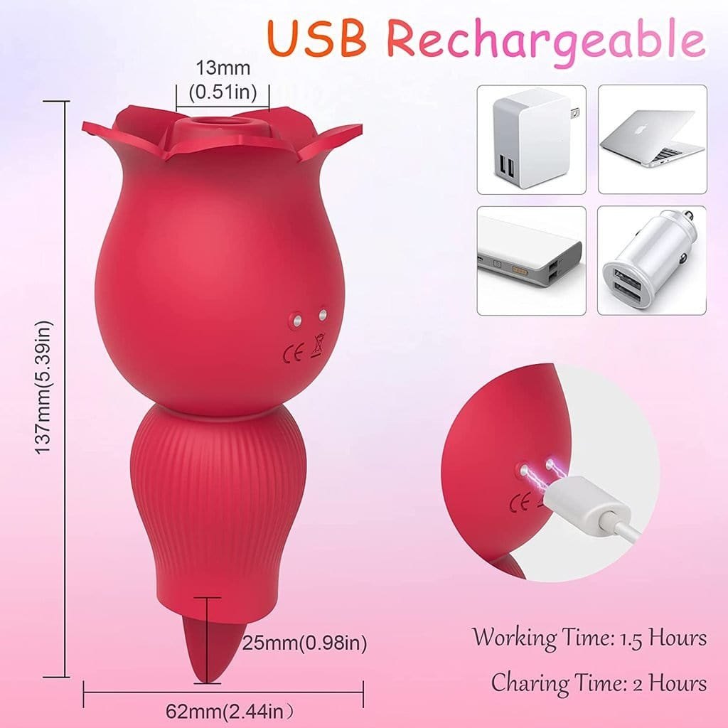Rose-shaped 2-in-1 clitoral suction vibrator with tongue tip, photo 7