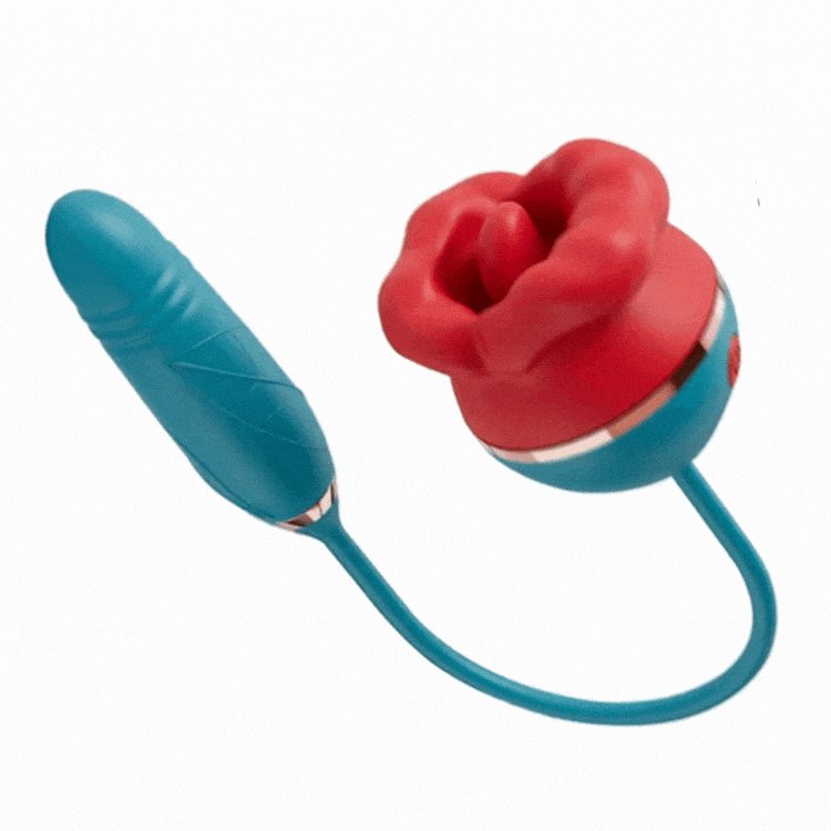 Red rose shaped suction vibrator with teal thrusting bullet, photo 1