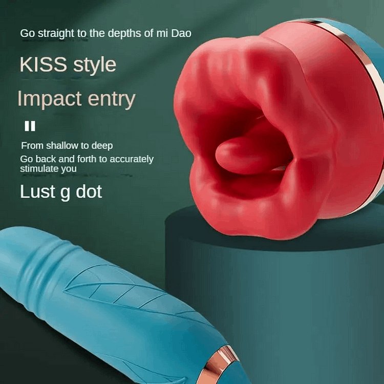 Red rose shaped suction vibrator with teal thrusting bullet, photo 2