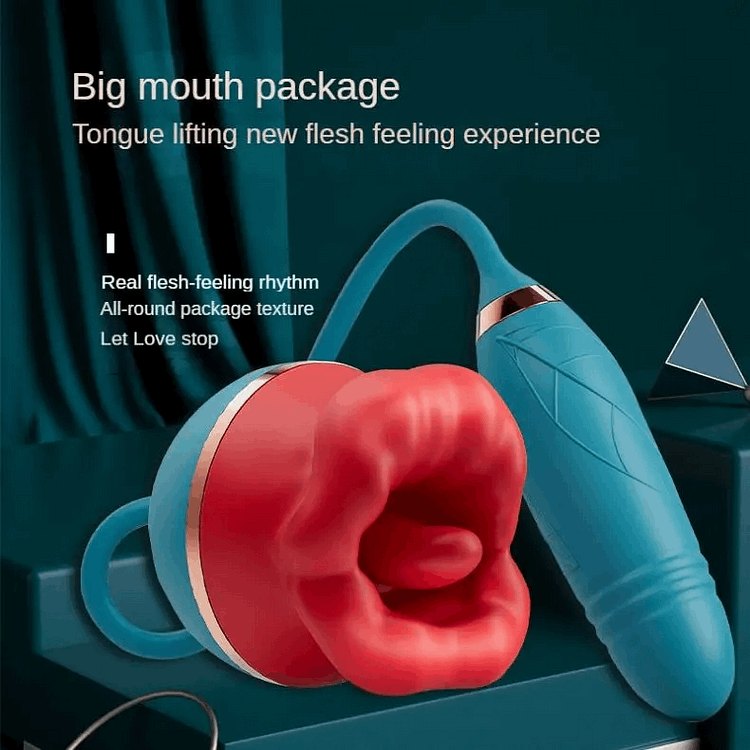 Red rose shaped suction vibrator with teal thrusting bullet, photo 3