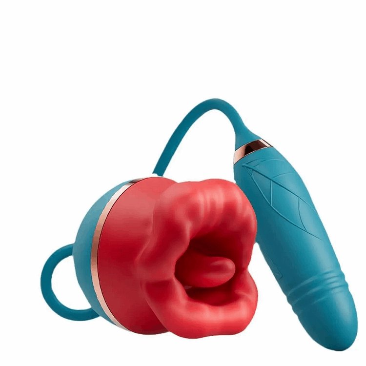 Red rose shaped suction vibrator with teal thrusting bullet, photo 5