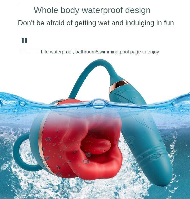 Red rose shaped suction vibrator with teal thrusting bullet, photo 6