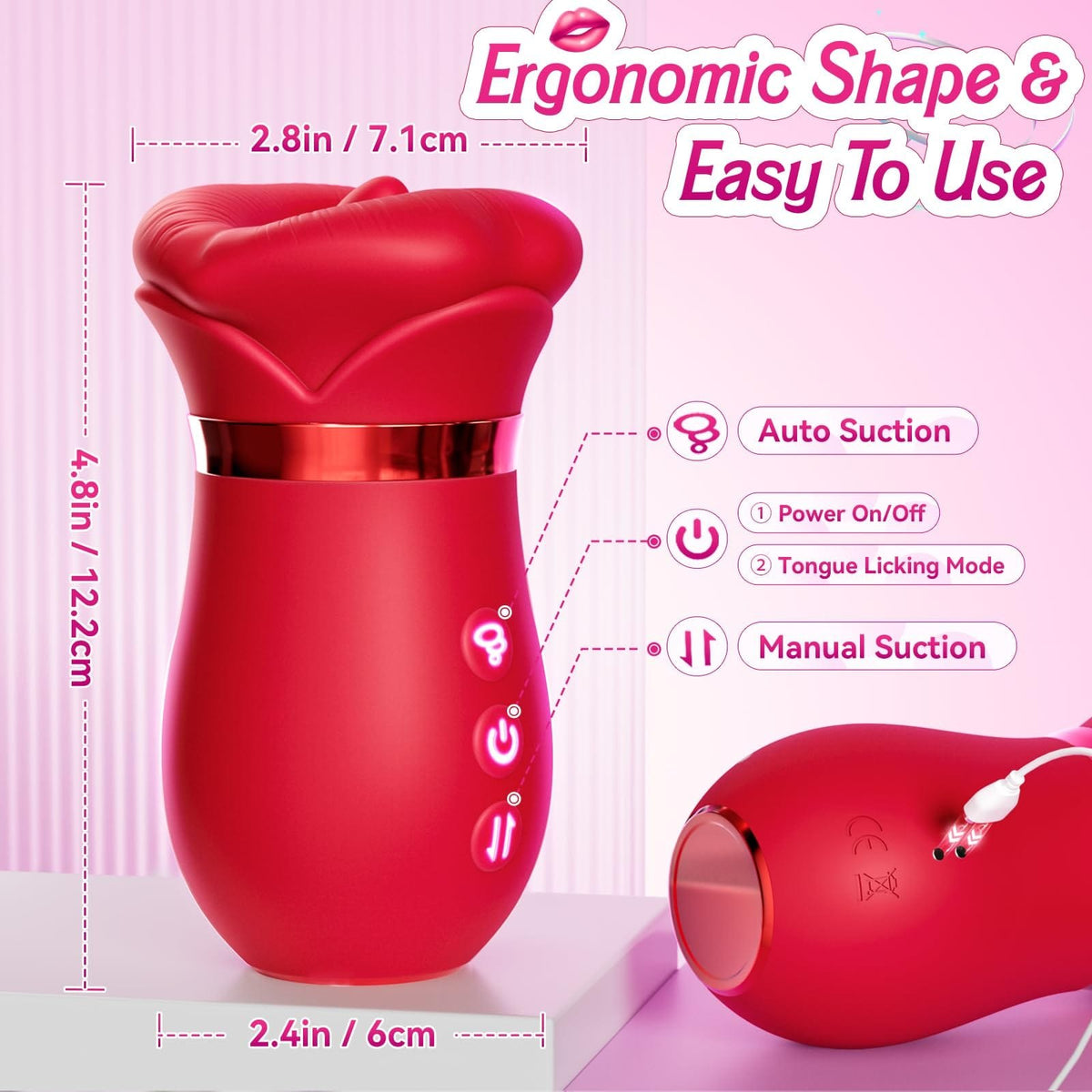Red rose shaped mouth licking suction vibrator, photo 7