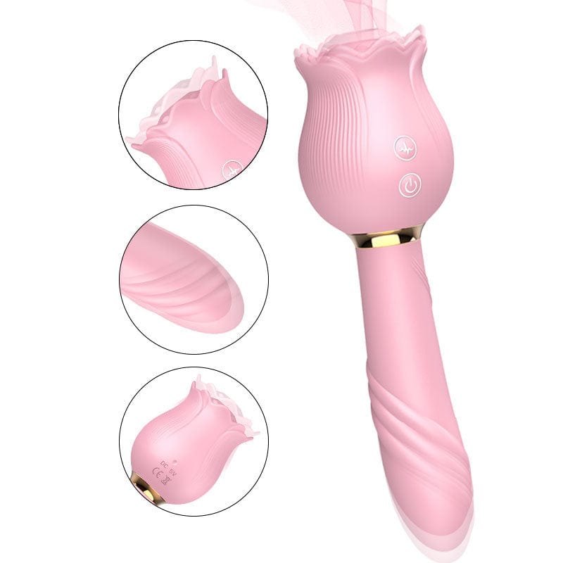 Pink rose shaped clitoral suction and thrusting vibrator