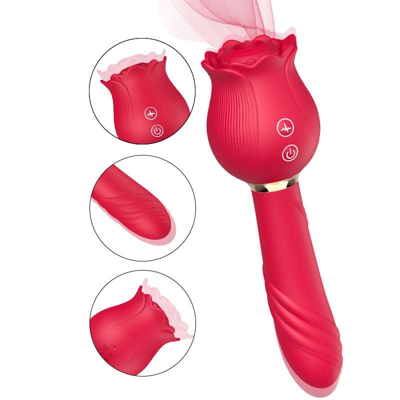 Red rose shaped clitoral suction and thrusting vibrator