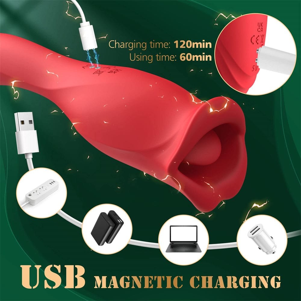 Red rose G-spot and clit vibrator with tongue-flicking tip, photo 4